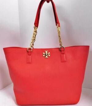 Tory Burch Red Pebbled Tote Gold Chain Shoulder Bag NWOT
